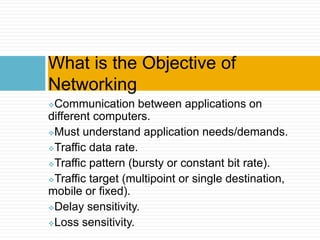 Communication between applications on
different computers.
Must understand application needs/demands.
Traffic data rate.
Traffic pattern (bursty or constant bit rate).
Traffic target (multipoint or single destination,
mobile or fixed).
Delay sensitivity.
Loss sensitivity.
What is the Objective of
Networking
 