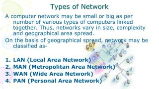 Types of Network
A computer network may be small or big as per
number of various types of computers linked
together. Thus, networks vary in size, complexity
and geographical area spread.
On the basis of geographical spread, network may be
classified as-
1. LAN (Local Area Network)
2. MAN (Metropolitan Area Network)
3. WAN (Wide Area Network)
4. PAN (Personal Area Network)
 
