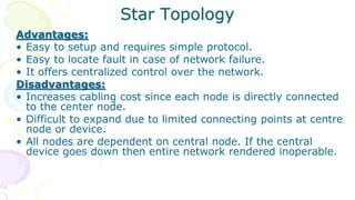 Star Topology
Advantages:
• Easy to setup and requires simple protocol.
• Easy to locate fault in case of network failure.
• It offers centralized control over the network.
Disadvantages:
• Increases cabling cost since each node is directly connected
to the center node.
• Difficult to expand due to limited connecting points at centre
node or device.
• All nodes are dependent on central node. If the central
device goes down then entire network rendered inoperable.
 