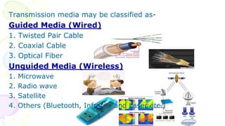 Transmission media may be classified as-
Guided Media (Wired)
1. Twisted Pair Cable
2. Coaxial Cable
3. Optical Fiber
Unguided Media (Wireless)
1. Microwave
2. Radio wave
3. Satellite
4. Others (Bluetooth, Infrared and Laser etc.)
 