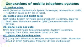Generations of mobile telephone systems
1G, analog voice:
AMPS (Advanced Mobile Phone System) is example, deployed from 1980s.
Modulation based on FM (as in radio).
2G, analog voice and digital data:
GSM (Global System for Mobile communications) is example, deployed
from 1990s. Modulation based on QPSK(Quadrature Phase Shift
Keying).
3G, digital voice and data:
UMTS (Universal Mobile Telecommunications System) is example,
deployed from 2000s. Modulation based on CDMA
4G, digital data including voice:
LTE (Long Term Evolution) is example, deployed from 2010s. Modulation
based on OFDM (orthogonal frequency-division multiplexing)
 