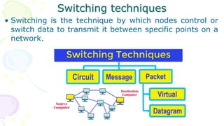 Switching techniques
• Switching is the technique by which nodes control or
switch data to transmit it between specific points on a
network.
 
