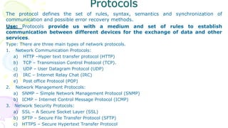 Protocols
The protocol defines the set of rules, syntax, semantics and synchronization of
communication and possible error recovery methods.
Use: Protocols provide us with a medium and set of rules to establish
communication between different devices for the exchange of data and other
services.
Type: There are three main types of network protocols.
1. Network Communication Protocols:
a) HTTP –Hyper text transfer protocol (HTTP)
b) TCP – Transmission Control Protocol (TCP).
c) UDP – User Datagram Protocol (UDP)
d) IRC – Internet Relay Chat (IRC)
e) Post office Protocol (POP)
2. Network Management Protocols:
a) SNMP – Simple Network Management Protocol (SNMP)
b) ICMP – Internet Control Message Protocol (ICMP)
3. Network Security Protocols:
a) SSL – A Secure Socket Layer (SSL)
b) SFTP – Secure File Transfer Protocol (SFTP)
c) HTTPS – Secure Hypertext Transfer Protocol
 
