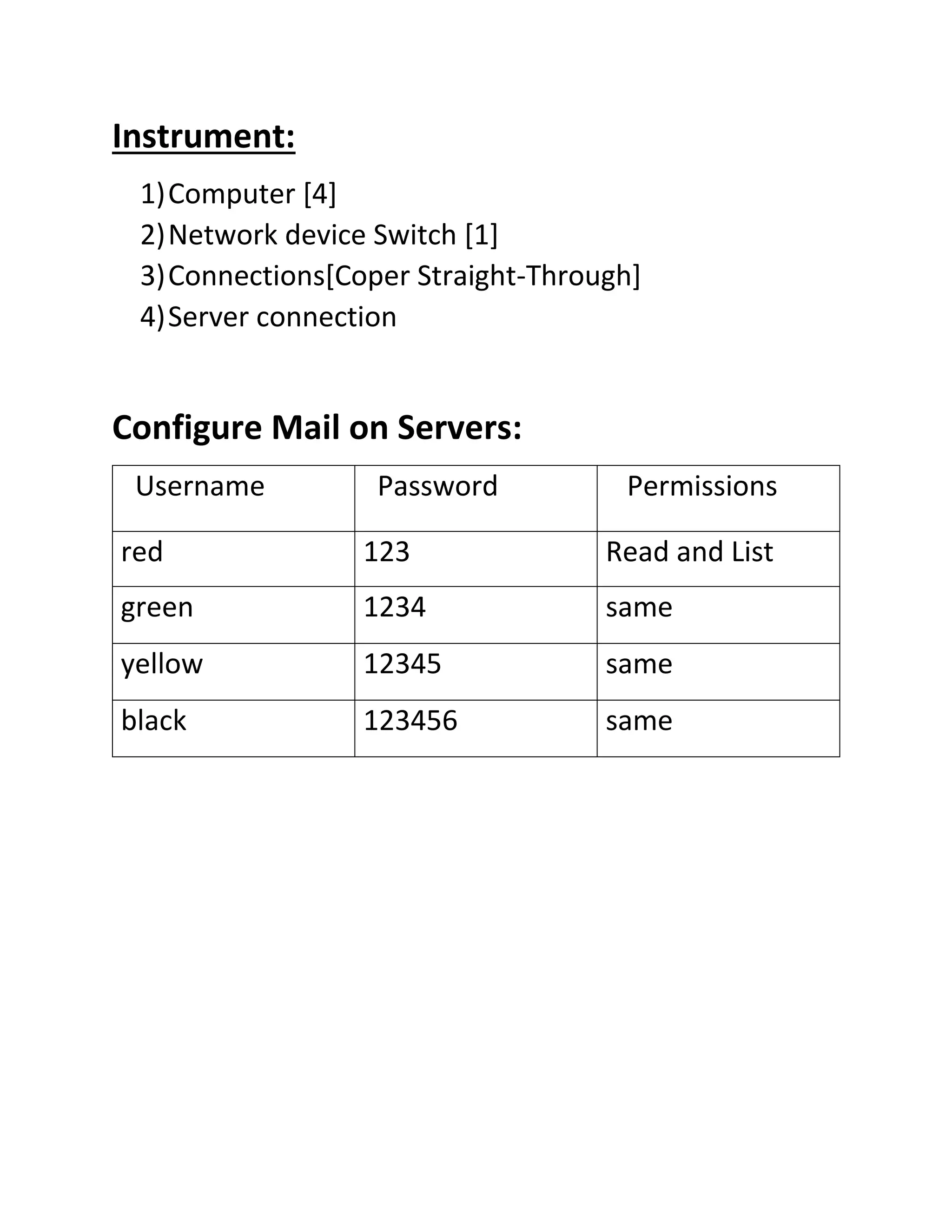 Instrument:
1)Computer [4]
2)Network device Switch [1]
3)Connections[Coper Straight-Through]
4)Server connection
Configure Mail on Servers:
Username Password Permissions
red 123 Read and List
green 1234 same
yellow 12345 same
black 123456 same
 