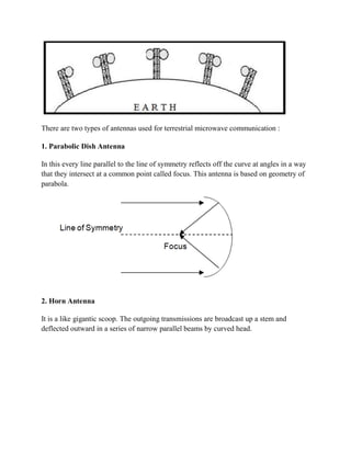 There are two types of antennas used for terrestrial microwave communication :
1. Parabolic Dish Antenna
In this every line parallel to the line of symmetry reflects off the curve at angles in a way
that they intersect at a common point called focus. This antenna is based on geometry of
parabola.
2. Horn Antenna
It is a like gigantic scoop. The outgoing transmissions are broadcast up a stem and
deflected outward in a series of narrow parallel beams by curved head.
 