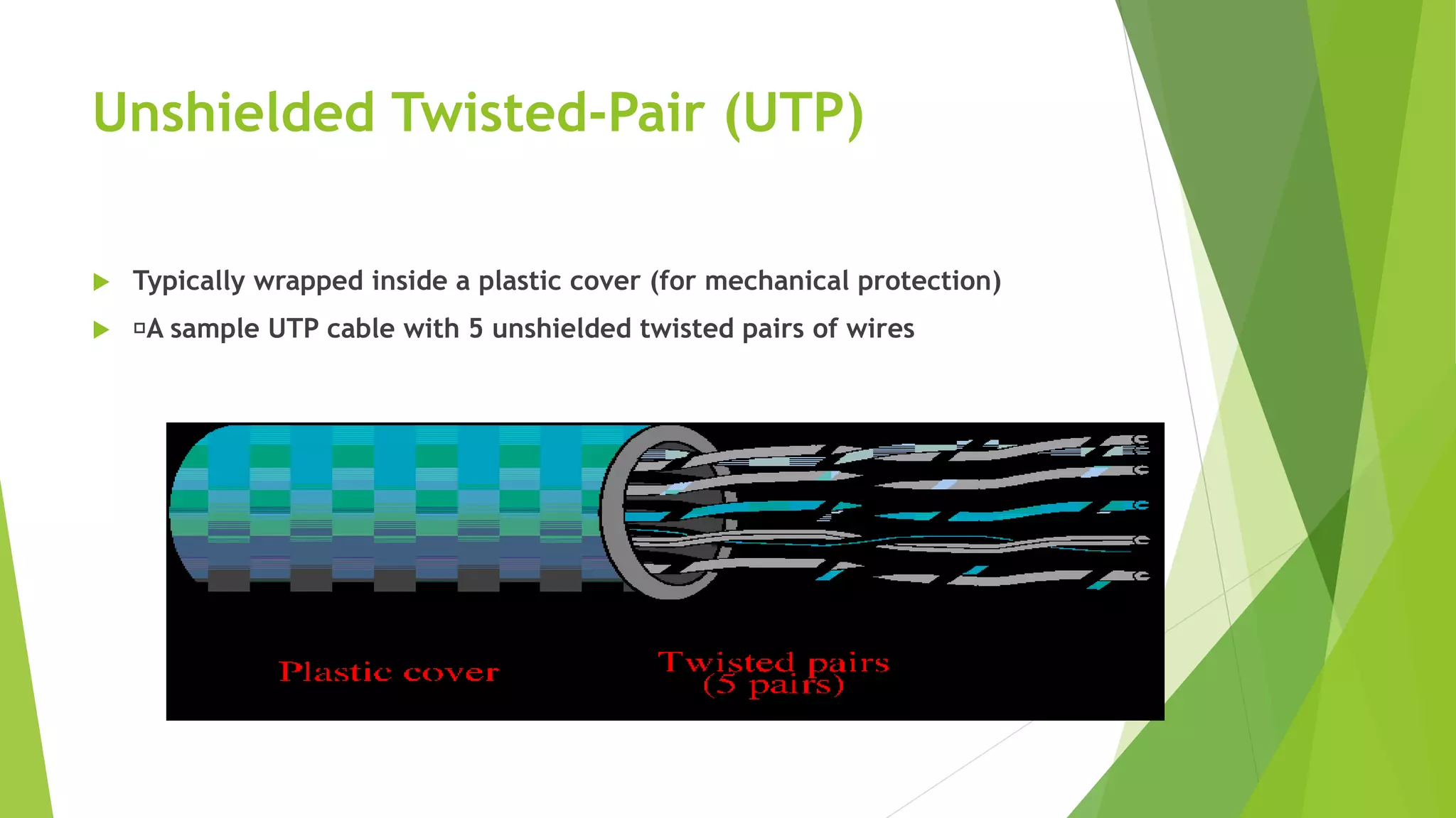 Unshielded Twisted-Pair (UTP)
 Typically wrapped inside a plastic cover (for mechanical protection)
 A sample UTP cable with 5 unshielded twisted pairs of wires
 