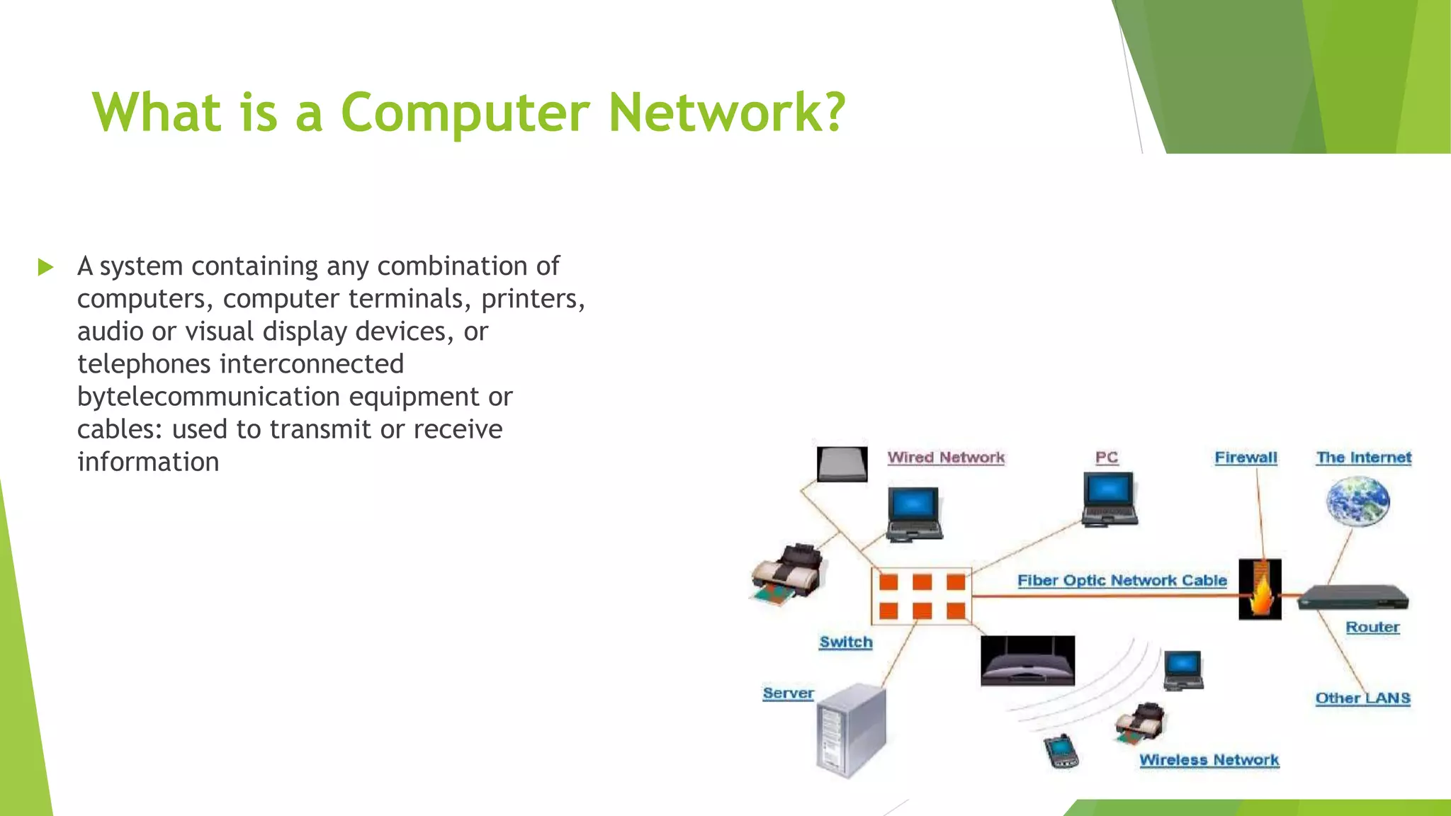 What is a Computer Network?
 A system containing any combination of
computers, computer terminals, printers,
audio or visual display devices, or
telephones interconnected
bytelecommunication equipment or
cables: used to transmit or receive
information
 