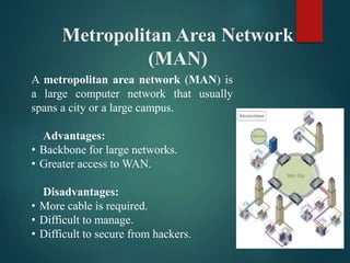 Metropolitan Area Network
(MAN)
A metropolitan area network (MAN) is
a large computer network that usually
spans a city or a large campus.
Advantages:
• Backbone for large networks.
• Greater access to WAN.
Disadvantages:
• More cable is required.
• Difficult to manage.
• Difficult to secure from hackers.
 