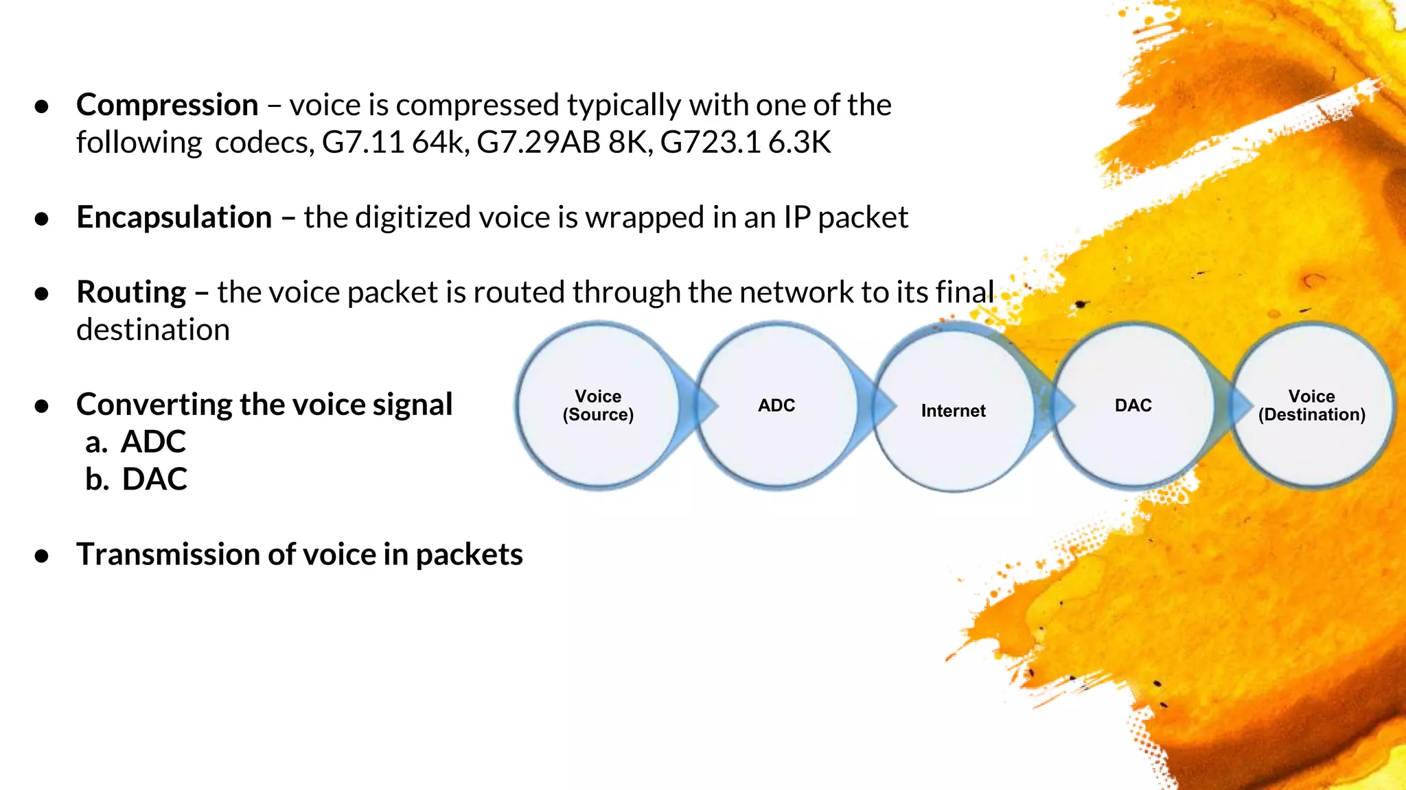 ● Compression – voice is compressed typically with one of the
following codecs, G7.11 64k, G7.29AB 8K, G723.1 6.3K
● Encapsulation – the digitized voice is wrapped in an IP packet
● Routing – the voice packet is routed through the network to its final
destination
● Converting the voice signal
a. ADC
b. DAC
● Transmission of voice in packets
Voice
(Destination)
DACInternetADC
Voice
(Source)
 