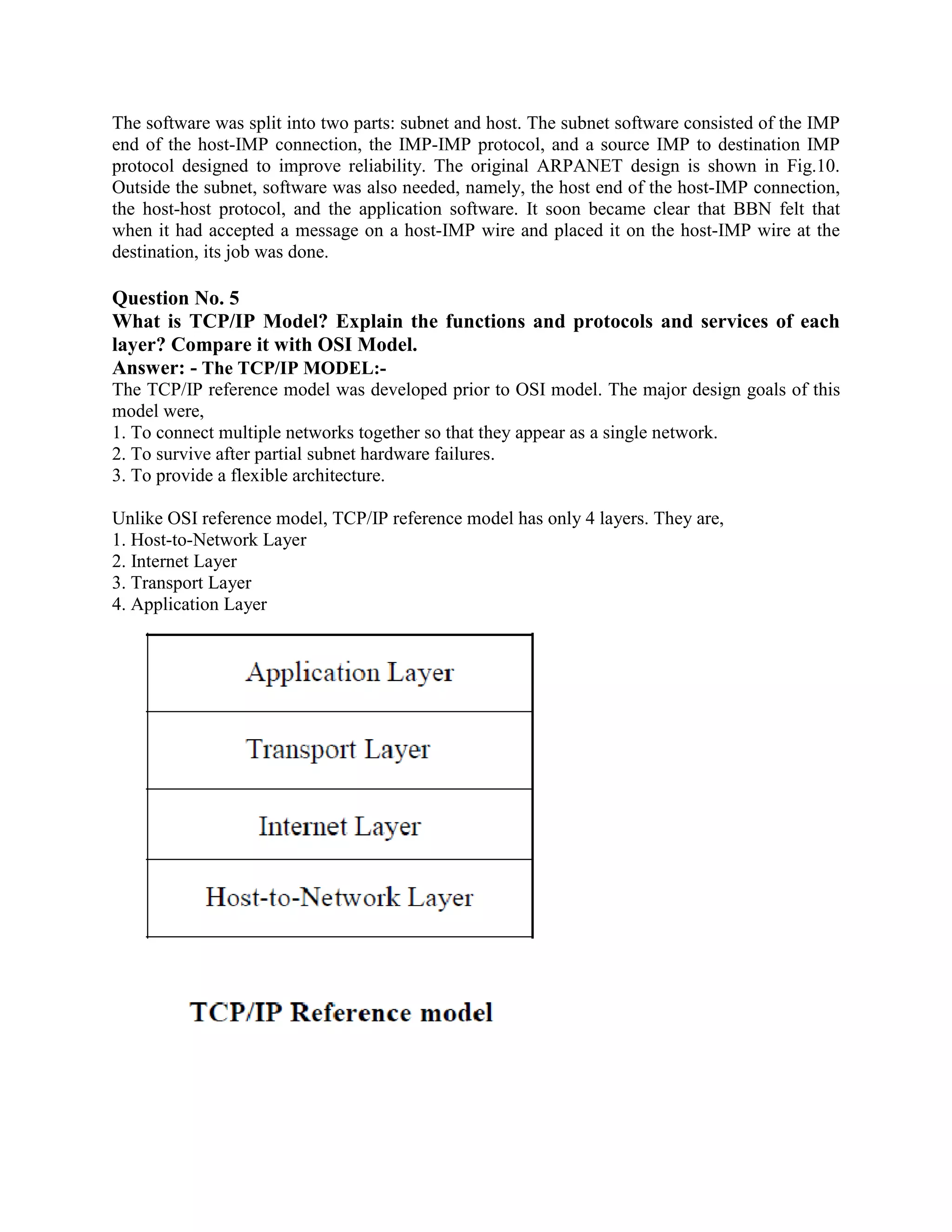 The software was split into two parts: subnet and host. The subnet software consisted of the IMP
end of the host-IMP connection, the IMP-IMP protocol, and a source IMP to destination IMP
protocol designed to improve reliability. The original ARPANET design is shown in Fig.10.
Outside the subnet, software was also needed, namely, the host end of the host-IMP connection,
the host-host protocol, and the application software. It soon became clear that BBN felt that
when it had accepted a message on a host-IMP wire and placed it on the host-IMP wire at the
destination, its job was done.

Question No. 5
What is TCP/IP Model? Explain the functions and protocols and services of each
layer? Compare it with OSI Model.
Answer: - The TCP/IP MODEL:-
The TCP/IP reference model was developed prior to OSI model. The major design goals of this
model were,
1. To connect multiple networks together so that they appear as a single network.
2. To survive after partial subnet hardware failures.
3. To provide a flexible architecture.

Unlike OSI reference model, TCP/IP reference model has only 4 layers. They are,
1. Host-to-Network Layer
2. Internet Layer
3. Transport Layer
4. Application Layer
 