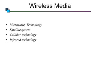 Wireless Media
• Microwave Technology
• Satellite system
• Cellular technology
• Infrared technology

 