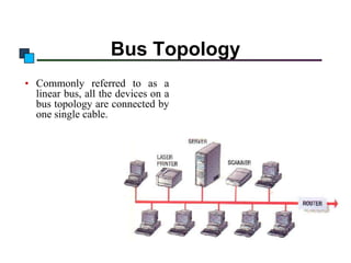 Introduction to Computer Networks

Bus Topology
• Commonly referred to as a
linear bus, all the devices on a
bus topology are connected by
one single cable.

 