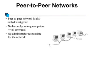 Peer-to-Peer Networks
• Peer-to-peer network is also
called workgroup
• No hierarchy among computers
all are equal
• No administrator responsible
for the network

 