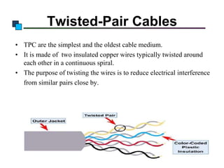 Twisted-Pair Cables
• TPC are the simplest and the oldest cable medium.
• It is made of two insulated copper wires typically twisted around
each other in a continuous spiral.
• The purpose of twisting the wires is to reduce electrical interference
from similar pairs close by.

 