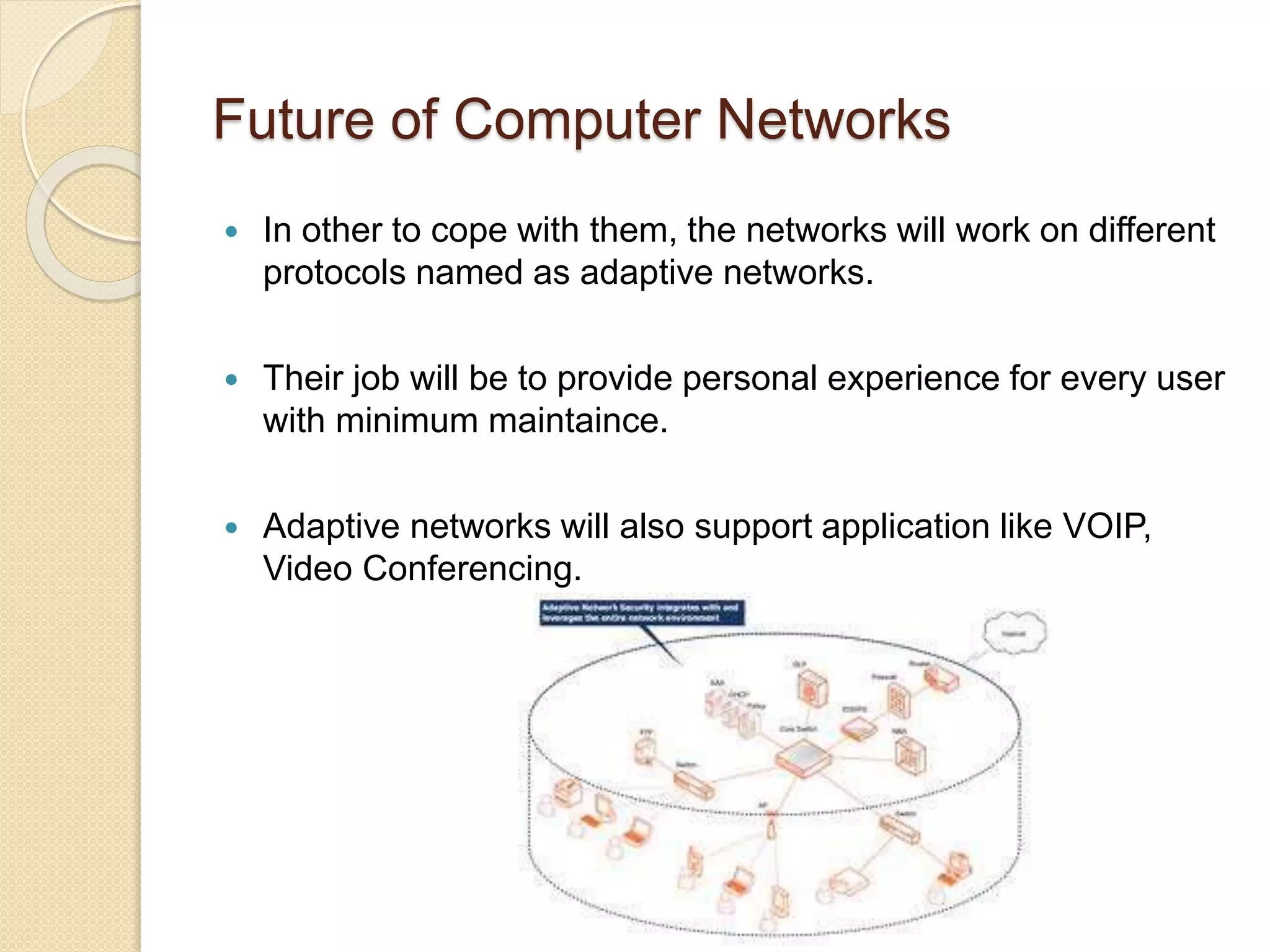 Future of Computer Networks
 In other to cope with them, the networks will work on different
protocols named as adaptive networks.
 Their job will be to provide personal experience for every user
with minimum maintaince.
 Adaptive networks will also support application like VOIP,
Video Conferencing.
 