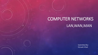 COMPUTER NETWORKS
LAN,WAN,MAN
Submitted By:-
Himadri Khali
 