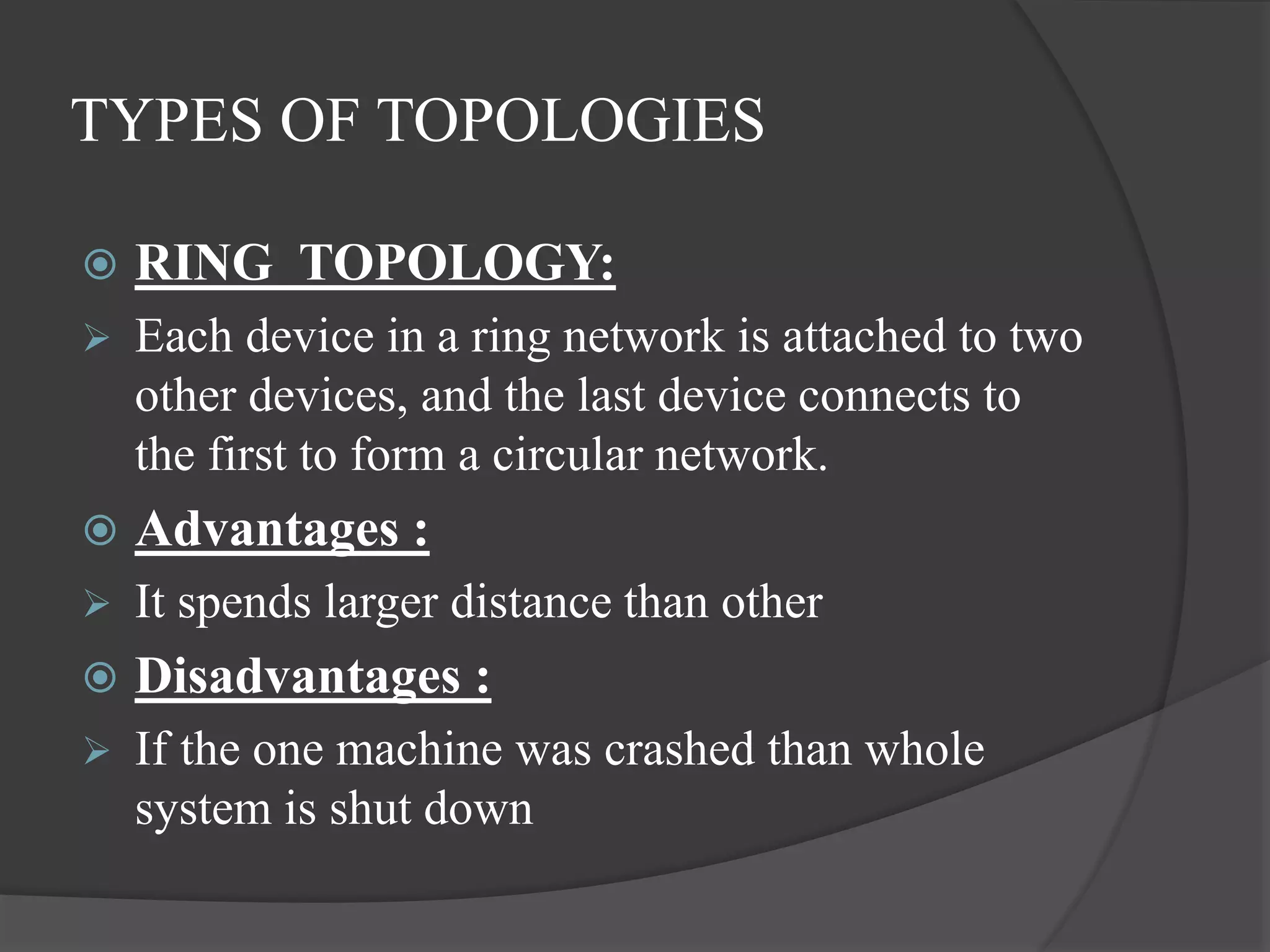 TYPES OF TOPOLOGIES
 RING TOPOLOGY:
 Each device in a ring network is attached to two
other devices, and the last device connects to
the first to form a circular network.
 Advantages :
 It spends larger distance than other
 Disadvantages :
 If the one machine was crashed than whole
system is shut down
 