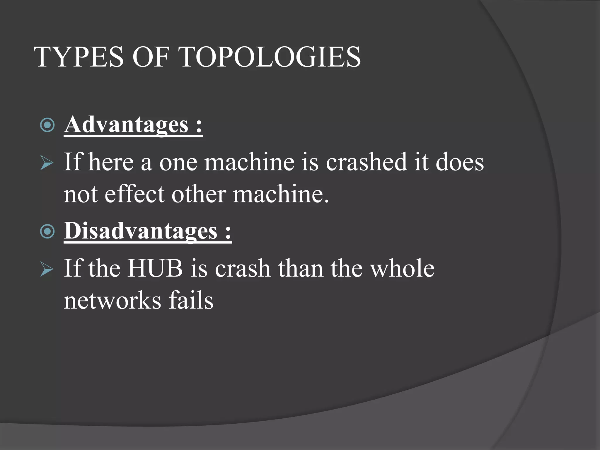 TYPES OF TOPOLOGIES
 Advantages :
 If here a one machine is crashed it does
not effect other machine.
 Disadvantages :
 If the HUB is crash than the whole
networks fails
 