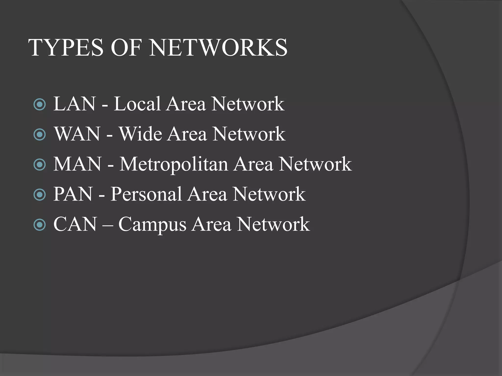 TYPES OF NETWORKS
 LAN - Local Area Network
 WAN - Wide Area Network
 MAN - Metropolitan Area Network
 PAN - Personal Area Network
 CAN – Campus Area Network
 