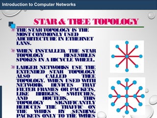 STAR& TREE TOPOLOGY
THE STARTOPOLOGY IS THE
MOST COMMONLY USED
ARCHITECTURE IN ETHERNET
LANS.
WHEN INSTALLED, THE STAR
TOPOLOGY RESEMBLES
SPOKES IN A BICYCLE WHEEL.
LARGER NETWORKS USE THE
EXTENDED STAR TOPOLOGY
ALSO CALLED TREE
TOPOLOGY. WHEN USED WITH
NETWORK DEVICES THAT
FILTER FRAMES OR PACKETS,
LIKE BRIDGES, SWITCHES,
AND ROUTERS, THIS
TOPOLOGY SIGNIFICANTLY
REDUCES THE TRAFFIC ON
THE WIRES BY SENDING
PACKETS ONLY TO THE WIRES
Introduction to Computer Networks
 