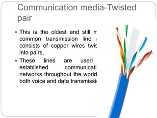 Communication media-Twisted
pair
 This is the oldest and still most
common transmission line and
consists of copper wires twisted
into pairs.
 These lines are used in
established communications
networks throughout the world for
both voice and data transmission
 
