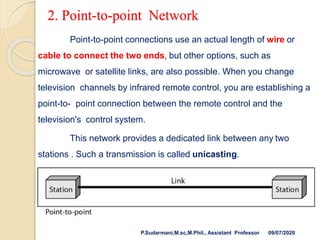 2. Point-to-point Network
Point-to-point connections use an actual length of wire or
cable to connect the two ends, but other options, such as
microwave or satellite links, are also possible. When you change
television channels by infrared remote control, you are establishing a
point-to- point connection between the remote control and the
television's control system.
This network provides a dedicated link between any two
stations . Such a transmission is called unicasting.
P.Sudarmani,M.sc,M.Phil., Assistant Professor 09/07/2020
 