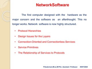 NetworkSoftware
The first computer designed with the hardware as the
major concern and the software as an afterthought. This no
longer works. Network software is now highly structured.
• Protocol Hierarchies
• Design Issues for the Layers
• Connection-Oriented and Connectionless Services
• Service Primitives
• The Relationship of Services to Protocols
P.Sudarmani,M.sc,M.Phil., Assistant Professor 09/07/2020
 