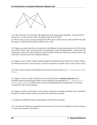An Introduction to Computer Networks, Release 2.0.9
S1 S2
S5
S4
S3
(a).♢ Give network of surviving links after application of the spanning-tree algorithm. Assume the ID of
switch Sn is n. In this network, what is the path of traffic from S2 to S5?
(b). Do the same as part (a) except assuming S4 has ID 0, and so will be the root, while the ID for the other
Sn remains n. What will be the path of traffic from S1 to S5?
3.0. Suppose you want to develop a new protocol so that Ethernet switches participating in a VLAN all keep
track of the VLAN “color” associated with every destination in their forwarding tables. Assume that each
switch knows which of its ports (interfaces) connect to other switches and which may connect to hosts, and
in the latter case knows the color assigned to that port.
(a). Suggest a way by which switches might propagate this destination-color information to other switches.
(b). What must be done if a port formerly reserved for connection to another switch is now used for a host?
4.0. (This exercise assumes some familiarity with Distance-Vector routing as in 13 Routing-Update Algo-
rithms.)
(a). Suppose switches are able to identify the non-switch hosts that are directly connected, that is,
reachable without passing through another switch. Explain how the algorithm of 13.1 Distance-Vector
Routing-Update Algorithm could be used to construct optimal Ethernet forwarding tables even if loops
were present in the network topology.
(b). Suppose switches are allowed to “mark” packets; all packets are initially unmarked. Give a mechanism
that allows switches to detect which non-switch hosts are directly connected.
(c). Explain why Ethernet broadcast (and multicast) would still be a problem.
5.0.♢ Consider the following arrangement of three hosts h1, h2, h3 and one OpenFlow switch S with ports
1, 2 and 3 and controller C (not shown)
88 3 Advanced Ethernet
 