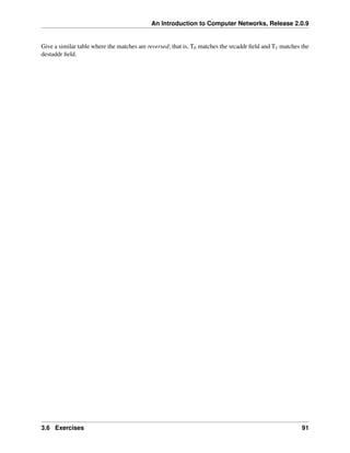 An Introduction to Computer Networks, Release 2.0.9
Give a similar table where the matches are reversed; that is, T0 matches the srcaddr field and T1 matches the
destaddr field.
3.6 Exercises 91
 