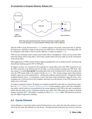 An Introduction to Computer Networks, Release 2.0.9
Internet
Site A
200.0.1/24
User at home
eth0
VPN server
Site A private
tun0
200.0.1.37
VPN: blue link represents tunnel. Actual connection is made via eth0
The tun0 interface is a virtual network interface with a Site-A address
After the VPN is set up, the home host’s tun0 interface appears to be locally connected to Site A, and thus
the home host is allowed to connect to the private area within Site A. The home host’s forwarding table will
be configured so that traffic to Site A’s private addresses is routed via interface tun0.
VPNs are also commonly used to connect entire remote offices to headquarters. In this case the remote-office
end of the tunnel will be at that office’s local router, and the tunnel will carry traffic for all the workstations
in the remote office.
Other applications of VPNs include trying to appear geographically to be at another location, and bypassing
firewall rules blocking specific TCP or UDP ports.
To improve security, it is common for the residential (or remote-office) end of the VPN connection to use
the VPN connection as the default route for all traffic except that needed to maintain the VPN itself. This
may require a so-called host-specific forwarding-table entry at the residential end to allow the packets that
carry the VPN tunnel traffic to be routed correctly via eth0. This routing strategy means that potential
intruders cannot access the residential host – and thus the workplace internal network – through the original
residential Internet access. A consequence is that if the home worker downloads a large file from a non-
workplace site, it will travel first to the workplace, then back out to the Internet via the VPN connection, and
finally arrive at the home.
To improve congestion response, IP packets are sometimes marked by routers that are experiencing conges-
tion; see 21.5.3 Explicit Congestion Notification (ECN). If such marking is done to the outer, encapsulat-
ing, packet, and the marks are not transferred at the remote endpoint of the VPN to the inner, encapsulated,
packet, then the marks are lost. Congestion response may suffer. RFC 6040 spells out a proper re-marking
strategy in general; RFC 7296 defines re-marking for IPsec (29.6 IPsec). Older VPN protocols, however,
may not support congestion re-marking.
5.2 Carrier Ethernet
Carrier Ethernet is a leased-line point-to-point link between two sites, where the subscriber interface at each
end of the line looks like Ethernet (in some flavor). The physical path in between sites, however, need not
134 5 Other LANs
 