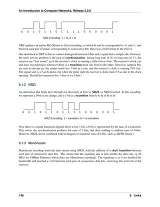 An Introduction to Computer Networks, Release 2.0.9
0 0 1 0 1 1 0 1 1 1 1 0 0 0 0 0 1
NRZ Encoding: 1 = hi, 0 = lo
NRZ replaces an earlier RZ (Return to Zero) encoding, in which hi and lo corresponded to +1 and -1, and
between each pair of pulses corresponding to consecutive bits there was a brief return to the 0 level.
One drawback to NRZ is that we cannot distinguish between 0-bits and a signal that is simply idle. However,
the more serious problem is the lack of synchronization: during long runs of 0’s or long runs of 1’s, the
receiver can “lose count”, eg if the receiver’s clock is running a little fast or slow. The receiver’s clock can
and does resynchronize whenever there is a transition from one level to the other. However, suppose bits
are sent at one per µs, the sender sends five 1-bits in a row, and the receiver’s clock is running 10% fast.
The signal sent is a 5-µs hi pulse, but when the pulse ends the receiver’s clock reads 5.5 µs due to the clock
speedup. Should this represent five 1-bits or six 1-bits?
6.1.2 NRZI
An alternative that helps here (though not obviously at first) is NRZI, or NRZ Inverted. In this encoding,
we represent a 0-bit as no change, and a 1-bit as a transition from lo to hi or hi to lo:
0 0 1 0 1 1 0 1 1 1 1 0 0 0 0 0 1
NRZI Encoding: 1 = transition, 0 = no transition
Now there is a signal transition aligned above every 1-bit; a 0-bit is represented by the lack of a transition.
This solves the synchronization problem for runs of 1-bits, but does nothing to address runs of 0-bits.
However, NRZI can be combined with techniques to minimize runs of 0-bits, such as 4B/5B (below).
6.1.3 Manchester
Manchester encoding sends the data stream using NRZI, with the addition of a clock transition between
each pair of consecutive data bits. This means that the signaling rate is now double the data rate, eg 20
MHz for 10Mbps Ethernet (which does use Manchester encoding). The signaling is as if we doubled the
bandwidth and inserted a 1-bit between each pair of consecutive data bits, removing this extra bit at the
receiver:
148 6 Links
 
