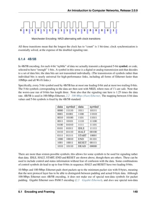 An Introduction to Computer Networks, Release 2.0.9
clock
clock
clock
clock
clock
clock
clock
clock
clock
clock
clock
clock
clock
clock
clock
clock
clock
1
0
0 0 1 1 0 1 1 1 1 0 0 0 0 0 1
Manchester Encoding: NRZI alternating with clock transitions
All these transitions mean that the longest the clock has to “count” is 1 bit-time; clock synchronization is
essentially solved, at the expense of the doubled signaling rate.
6.1.4 4B/5B
In 4B/5B encoding, for each 4-bit “nybble” of data we actually transmit a designated 5-bit symbol, or code,
selected to have “enough” 1-bits. A symbol in this sense is a digital or analog transmission unit that decodes
to a set of data bits; the data bits are not transmitted individually. (The transmission of symbols rather than
individual bits is nearly universal for high-performance links, including all forms of Ethernet faster than
10Mbps and all Wi-Fi links.)
Specifically, every 5-bit symbol used by 4B/5B has at most one leading 0-bit and at most two trailing 0-bits.
The 5-bit symbols corresponding to the data are then sent with NRZI, where runs of 1’s are safe. Note that
the worst-case run of 0-bits has length three. Note also that the signaling rate here is 1.25 times the data
rate. 4B/5B is used in 100-Mbps Ethernet, 2.2 100 Mbps (Fast) Ethernet. The mapping between 4-bit data
values and 5-bit symbols is fixed by the 4B/5B standard:
data symbol data symbol
0000 11110 1011 10111
0001 01001 1100 11010
0010 10100 1101 11011
0011 10101 1110 11100
0100 01010 1111 11101
0101 01011 IDLE 11111
0110 01110 HALT 00100
0111 01111 START 10001
1000 10010 END 01101
1001 10011 RESET 00111
1010 10110 DEAD 00000
There are more than sixteen possible symbols; this allows for some symbols to be used for signaling rather
than data. IDLE, HALT, START, END and RESET are shown above, though there are others. These can be
used to include control and status information without fear of confusion with the data. Some combinations
of control symbols do lead to up to four 0-bits in sequence; HALT and RESET have two leading 0-bits.
10-Mbps and 100-Mbps Ethernet pads short packets up to the minimum packet size with 0-bytes, meaning
that the next protocol layer has to be able to distinguish between padding and actual 0-byte data. Although
100-Mbps Ethernet uses 4B/5B encoding, it does not make use of special non-data symbols for packet
padding. Gigabit Ethernet uses PAM-5 encoding (2.3 Gigabit Ethernet), and does use special non-data
6.1 Encoding and Framing 149
 