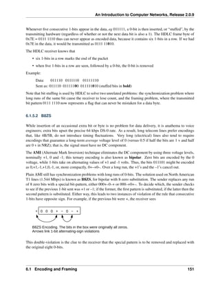 An Introduction to Computer Networks, Release 2.0.9
Whenever five consecutive 1-bits appear in the data, eg 011111, a 0-bit is then inserted, or “stuffed”, by the
transmitting hardware (regardless of whether or not the next data bit is also a 1). The HDLC frame byte of
0x7E = 0111 1110 thus can never appear as encoded data, because it contains six 1-bits in a row. If we had
0x7E in the data, it would be transmitted as 0111 11010.
The HDLC receiver knows that
• six 1-bits in a row marks the end of the packet
• when five 1-bits in a row are seen, followed by a 0-bit, the 0-bit is removed
Example:
Data: 011110 0111110 01111110
Sent as: 011110 01111100 011111010 (stuffed bits in bold)
Note that bit stuffing is used by HDLC to solve two unrelated problems: the synchronization problem where
long runs of the same bit cause the receiver to lose count, and the framing problem, where the transmitted
bit pattern 0111 1110 now represents a flag that can never be mistaken for a data byte.
6.1.5.2 B8ZS
While insertion of an occasional extra bit or byte is no problem for data delivery, it is anathema to voice
engineers; extra bits upset the precise 64 kbps DS-0 rate. As a result, long telecom lines prefer encodings
that, like 4B/5B, do not introduce timing fluctuations. Very long (electrical) lines also tend to require
encodings that guarantee a long-term average voltage level of 0 (versus 0.5 if half the bits are 1 v and half
are 0 v in NRZ); that is, the signal must have no DC component.
The AMI (Alternate Mark Inversion) technique eliminates the DC component by using three voltage levels,
nominally +1, 0 and -1; this ternary encoding is also known as bipolar. Zero bits are encoded by the 0
voltage, while 1-bits take on alternating values of +1 and -1 volts. Thus, the bits 011101 might be encoded
as 0,+1,-1,+1,0,-1, or, more compactly, 0+–+0–. Over a long run, the +1’s and the –1’s cancel out.
Plain AMI still has synchronization problems with long runs of 0-bits. The solution used on North American
T1 lines (1.544 Mbps) is known as B8ZS, for bipolar with 8-zero substitution. The sender replaces any run
of 8 zero bits with a special bit-pattern, either 000+–0–+ or 000–+0+–. To decide which, the sender checks
to see if the previous 1-bit sent was +1 or –1; if the former, the first pattern is substituted, if the latter then the
second pattern is substituted. Either way, this leads to two instances of violation of the rule that consecutive
1-bits have opposite sign. For example, if the previous bit were +, the receiver sees
+ 0 0 0 +  0  +
B8ZS Encoding. The bits in the box were originally all zeros.
Arrows link 1-bit alternating-sign violations
This double-violation is the clue to the receiver that the special pattern is to be removed and replaced with
the original eight 0-bits.
6.1 Encoding and Framing 151
 