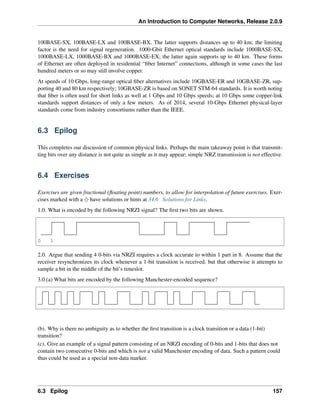 An Introduction to Computer Networks, Release 2.0.9
100BASE-SX, 100BASE-LX and 100BASE-BX. The latter supports distances up to 40 km; the limiting
factor is the need for signal regeneration. 1000-Gbit Ethernet optical standards include 1000BASE-SX,
1000BASE-LX, 1000BASE-BX and 1000BASE-EX; the latter again supports up to 40 km. These forms
of Ethernet are often deployed in residential “fiber Internet” connections, although in some cases the last
hundred meters or so may still involve copper.
At speeds of 10 Gbps, long-range optical fiber alternatives include 10GBASE-ER and 10GBASE-ZR, sup-
porting 40 and 80 km respectively; 10GBASE-ZR is based on SONET STM-64 standards. It is worth noting
that fiber is often used for short links as well at 1 Gbps and 10 Gbps speeds; at 10 Gbps some copper-link
standards support distances of only a few meters. As of 2014, several 10-Gbps Ethernet physical-layer
standards come from industry consortiums rather than the IEEE.
6.3 Epilog
This completes our discussion of common physical links. Perhaps the main takeaway point is that transmit-
ting bits over any distance is not quite as simple as it may appear; simple NRZ transmission is not effective.
6.4 Exercises
Exercises are given fractional (floating point) numbers, to allow for interpolation of future exercises. Exer-
cises marked with a ♢ have solutions or hints at 34.6 Solutions for Links.
1.0. What is encoded by the following NRZI signal? The first two bits are shown.
0 1
2.0. Argue that sending 4 0-bits via NRZI requires a clock accurate to within 1 part in 8. Assume that the
receiver resynchronizes its clock whenever a 1-bit transition is received, but that otherwise it attempts to
sample a bit in the middle of the bit’s timeslot.
3.0.(a) What bits are encoded by the following Manchester-encoded sequence?
(b). Why is there no ambiguity as to whether the first transition is a clock transition or a data (1-bit)
transition?
(c). Give an example of a signal pattern consisting of an NRZI encoding of 0-bits and 1-bits that does not
contain two consecutive 0-bits and which is not a valid Manchester encoding of data. Such a pattern could
thus could be used as a special non-data marker.
6.3 Epilog 157
 
