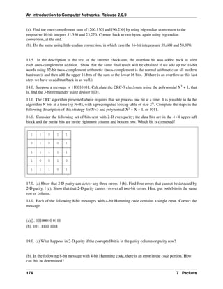 An Introduction to Computer Networks, Release 2.0.9
(a). Find the ones-complement sum of [200,150] and [90,230] by using big-endian conversion to the
respective 16-bit integers 51,350 and 23,270. Convert back to two bytes, again using big-endian
conversion, at the end.
(b). Do the same using little-endian conversion, in which case the 16-bit integers are 38,600 and 58,970.
13.5. In the description in the text of the Internet checksum, the overflow bit was added back in after
each ones-complement addition. Show that the same final result will be obtained if we add up the 16-bit
words using 32-bit twos-complement arithmetic (twos-complement is the normal arithmetic on all modern
hardware), and then add the upper 16 bits of the sum to the lower 16 bits. (If there is an overflow at this last
step, we have to add that back in as well.)
14.0. Suppose a message is 110010101. Calculate the CRC-3 checksum using the polynomial X3 + 1, that
is, find the 3-bit remainder using divisor 1001.
15.0. The CRC algorithm presented above requires that we process one bit at a time. It is possible to do the
algorithm N bits at a time (eg N=8), with a precomputed lookup table of size 2N. Complete the steps in the
following description of this strategy for N=3 and polynomial X3 + X + 1, or 1011.
16.0. Consider the following set of bits sent with 2-D even parity; the data bits are in the 4ˆ4 upper-left
block and the parity bits are in the rightmost column and bottom row. Which bit is corrupted?
1 1 0 1 1
0 1 0 0 1
1 1 1 1 1
1 0 0 1 0
1 1 1 0 1
17.0. (a) Show that 2-D parity can detect any three errors. | (b). Find four errors that cannot be detected by
2-D parity. | (c). Show that that 2-D parity cannot correct all two-bit errors. Hint: put both bits in the same
row or column.
18.0. Each of the following 8-bit messages with 4-bit Hamming code contains a single error. Correct the
message.
(a)♢. 10100010 0111
(b). 10111110 1011
19.0. (a) What happens in 2-D parity if the corrupted bit is in the parity column or parity row?
(b). In the following 8-bit message with 4-bit Hamming code, there is an error in the code portion. How
can this be determined?
174 7 Packets
 