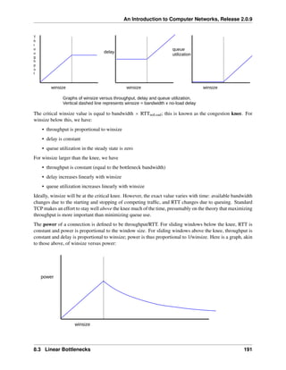 An Introduction to Computer Networks, Release 2.0.9
winsize winsize winsize
delay
queue
utilization
Graphs of winsize versus throughput, delay and queue utilization.
Vertical dashed line represents winsize = bandwidth x no-load delay
T
h
r
o
u
g
h
p
u
t
The critical winsize value is equal to bandwidth ˆ RTTnoLoad; this is known as the congestion knee. For
winsize below this, we have:
• throughput is proportional to winsize
• delay is constant
• queue utilization in the steady state is zero
For winsize larger than the knee, we have
• throughput is constant (equal to the bottleneck bandwidth)
• delay increases linearly with winsize
• queue utilization increases linearly with winsize
Ideally, winsize will be at the critical knee. However, the exact value varies with time: available bandwidth
changes due to the starting and stopping of competing traffic, and RTT changes due to queuing. Standard
TCP makes an effort to stay well above the knee much of the time, presumably on the theory that maximizing
throughput is more important than minimizing queue use.
The power of a connection is defined to be throughput/RTT. For sliding windows below the knee, RTT is
constant and power is proportional to the window size. For sliding windows above the knee, throughput is
constant and delay is proportional to winsize; power is thus proportional to 1/winsize. Here is a graph, akin
to those above, of winsize versus power:
power
winsize
8.3 Linear Bottlenecks 191
 