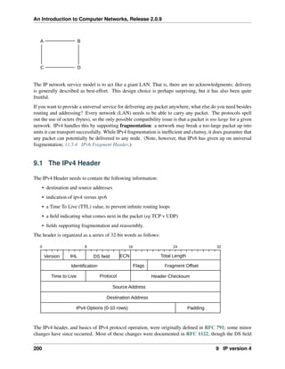 An Introduction to Computer Networks, Release 2.0.9
A
C D
B
The IP network service model is to act like a giant LAN. That is, there are no acknowledgments; delivery
is generally described as best-effort. This design choice is perhaps surprising, but it has also been quite
fruitful.
If you want to provide a universal service for delivering any packet anywhere, what else do you need besides
routing and addressing? Every network (LAN) needs to be able to carry any packet. The protocols spell
out the use of octets (bytes), so the only possible compatibility issue is that a packet is too large for a given
network. IPv4 handles this by supporting fragmentation: a network may break a too-large packet up into
units it can transport successfully. While IPv4 fragmentation is inefficient and clumsy, it does guarantee that
any packet can potentially be delivered to any node. (Note, however, that IPv6 has given up on universal
fragmentation; 11.5.4 IPv6 Fragment Header.)
9.1 The IPv4 Header
The IPv4 Header needs to contain the following information:
• destination and source addresses
• indication of ipv4 versus ipv6
• a Time To Live (TTL) value, to prevent infinite routing loops
• a field indicating what comes next in the packet (eg TCP v UDP)
• fields supporting fragmentation and reassembly.
The header is organized as a series of 32-bit words as follows:
Version Total Length
IHL
Fragment Offset
Time to Live
ECN
Identification Flags
DS field
Header Checksum
Protocol
Source Address
Destination Address
IPv4 Options (0-10 rows) Padding
8 16
0 24 32
The IPv4 header, and basics of IPv4 protocol operation, were originally defined in RFC 791; some minor
changes have since occurred. Most of these changes were documented in RFC 1122, though the DS field
200 9 IP version 4
 
