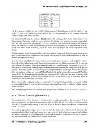 An Introduction to Computer Networks, Release 2.0.9
destination next_hop
10.3.0.0/16 A
10.4.1.0/24 B
10.4.2.0/24 C
10.4.3.0/24 D
10.3.37.0/24 E
The IPv4 addresses 10.3.67.101 and 10.3.59.131 both route to A. The addresses 10.4.1.101, 10.4.2.157 and
10.4.3.233 route to B, C and D respectively. Finally, 10.3.37.103 matches both A and E, but the E match is
longer so the packet is routed that way.
The forwarding table may also contain a default entry for the next_hop, which it may return in cases when
the destination D does not match any known network. We take the view here that returning such a default
entry is a valid result of the routing-table lookup() operation, rather than a third option to the algorithm
above; one approach is for the default entry to be the next_hop corresponding to the destination 0.0.0.0/0,
which does indeed match everything (use of this would definitely require the above longest-match rule,
though).
Default routes are hugely important in keeping leaf forwarding tables small. Even backbone routers some-
times expend considerable effort to keep the network address prefixes in their forwarding tables as short as
possible, through consolidation.
At a site with a single ISP and with no Internet customers (that is, which is not itself an ISP for others),
the top-level forwarding table usually has a single external route: its default route to its ISP. If a site has
more than one ISP, however, the top-level forwarding table can expand in a hurry. For example, Internet2 is a
consortium of research sites with very-high-bandwidth internal interconnections, acting as a sort of “parallel
Internet”. Before Internet2, Loyola’s top-level forwarding table had the usual single external default route.
After Internet2, we in effect had a second ISP and had to divide traffic between the commercial ISP and the
Internet2 ISP. The default route still pointed to the commercial ISP, but Loyola’s top-level forwarding table
now had to have an entry for every individual Internet2 site, so that traffic to any of these sites would be
forwarded via the Internet2 ISP. See exercise 5.0.
Routers may also be configured to allow passing quality-of-service information to the lookup() method,
as mentioned in Chapter 1, to support different routing paths for different kinds of traffic (eg bulk file-transfer
versus real-time).
For a modest exception to the local-delivery rule described here, see below in 9.8 Unnumbered Interfaces.
9.5.1 Efficient Forwarding-Table Lookup
Fast implementation of the lookup() operation above is tricky, especially in the presence of destina-
tion entries that may not result in unique matches, such as 10.0.0.0/8 and 10.11.0.0/16, which both match
10.11.12.13. Straightforward hashing, in particular, is out, as the prefix-length value k is not available to the
call of lookup().
The simplest approach is a trie, a form of tree in which the child nodes are labeled with bit strings; the
concatenated node labels on a branch represent an address prefix. Node labels can represent single address
bits or larger bit groups. A trie allows straightforward implementation of the longest-match rule by requiring
that we descend in the trie until no further matches are possible.
9.5 The Classless IP Delivery Algorithm 209
 