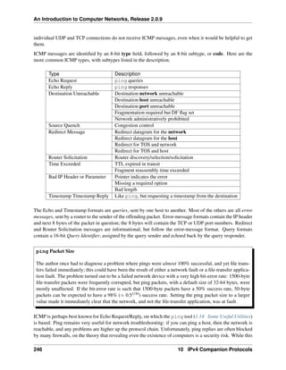 An Introduction to Computer Networks, Release 2.0.9
individual UDP and TCP connections do not receive ICMP messages, even when it would be helpful to get
them.
ICMP messages are identified by an 8-bit type field, followed by an 8-bit subtype, or code. Here are the
more common ICMP types, with subtypes listed in the description.
Type Description
Echo Request ping queries
Echo Reply ping responses
Destination Unreachable Destination network unreachable
Destination host unreachable
Destination port unreachable
Fragmentation required but DF flag set
Network administratively prohibited
Source Quench Congestion control
Redirect Message Redirect datagram for the network
Redirect datagram for the host
Redirect for TOS and network
Redirect for TOS and host
Router Solicitation Router discovery/selection/solicitation
Time Exceeded TTL expired in transit
Fragment reassembly time exceeded
Bad IP Header or Parameter Pointer indicates the error
Missing a required option
Bad length
Timestamp Timestamp Reply Like ping, but requesting a timestamp from the destination
The Echo and Timestamp formats are queries, sent by one host to another. Most of the others are all error
messages, sent by a router to the sender of the offending packet. Error-message formats contain the IP header
and next 8 bytes of the packet in question; the 8 bytes will contain the TCP or UDP port numbers. Redirect
and Router Solicitation messages are informational, but follow the error-message format. Query formats
contain a 16-bit Query Identifier, assigned by the query sender and echoed back by the query responder.
ping Packet Size
The author once had to diagnose a problem where pings were almost 100% successful, and yet file trans-
fers failed immediately; this could have been the result of either a network fault or a file-transfer applica-
tion fault. The problem turned out to be a failed network device with a very high bit-error rate: 1500-byte
file-transfer packets were frequently corrupted, but ping packets, with a default size of 32-64 bytes, were
mostly unaffected. If the bit-error rate is such that 1500-byte packets have a 50% success rate, 50-byte
packets can be expected to have a 98% (» 0.51/30) success rate. Setting the ping packet size to a larger
value made it immediately clear that the network, and not the file-transfer application, was at fault.
ICMP is perhaps best known for Echo Request/Reply, on which the ping tool (1.14 Some Useful Utilities)
is based. Ping remains very useful for network troubleshooting: if you can ping a host, then the network is
reachable, and any problems are higher up the protocol chain. Unfortunately, ping replies are often blocked
by many firewalls, on the theory that revealing even the existence of computers is a security risk. While this
246 10 IPv4 Companion Protocols
 