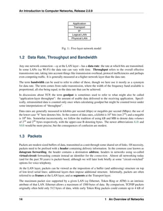 An Introduction to Computer Networks, Release 2.0.9
Application
Transport
IP
Logical LAN
Physical LAN
Fig. 1:: Five-layer network model
1.2 Data Rate, Throughput and Bandwidth
Any one network connection – eg at the LAN layer – has a data rate: the rate at which bits are transmitted.
In some LANs (eg Wi-Fi) the data rate can vary with time. Throughput refers to the overall effective
transmission rate, taking into account things like transmission overhead, protocol inefficiencies and perhaps
even competing traffic. It is generally measured at a higher network layer than the data rate.
The term bandwidth can be used to refer to either of these, though we here use it mostly as a synonym
for data rate. The term comes from radio transmission, where the width of the frequency band available is
proportional, all else being equal, to the data rate that can be achieved.
In discussions about TCP, the term goodput is sometimes used to refer to what might also be called
“application-layer throughput”: the amount of usable data delivered to the receiving application. Specif-
ically, retransmitted data is counted only once when calculating goodput but might be counted twice under
some interpretations of “throughput”.
Data rates are generally measured in kilobits per second (kbps) or megabits per second (Mbps); the use of
the lower-case “b” here denotes bits. In the context of data rates, a kilobit is 103 bits (not 210) and a megabit
is 106 bits. Somewhat inconsistently, we follow the tradition of using kB and MB to denote data volumes
of 210 and 220 bytes respectively, with the upper-case B denoting bytes. The newer abbreviations KiB and
MiB would be more precise, but the consequences of confusion are modest.
1.3 Packets
Packets are modest-sized buffers of data, transmitted as a unit through some shared set of links. Of necessity,
packets need to be prefixed with a header containing delivery information. In the common case known as
datagram forwarding, the header contains a destination address; headers in networks using so-called
virtual-circuit forwarding contain instead an identifier for the connection. Almost all networking today
(and for the past 50 years) is packet-based, although we will later look briefly at some “circuit-switched”
options for voice telephony.
At the LAN layer, packets can be viewed as the imposition of a buffer (and addressing) structure on top
of low-level serial lines; additional layers then impose additional structure. Informally, packets are often
referred to as frames at the LAN layer, and as segments at the Transport layer.
The maximum packet size supported by a given LAN (eg Ethernet, Token Ring or ATM) is an intrinsic
attribute of that LAN. Ethernet allows a maximum of 1500 bytes of data. By comparison, TCP/IP packets
originally often held only 512 bytes of data, while early Token Ring packets could contain up to 4 kB of
14 1 An Overview of Networks
 