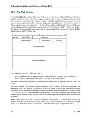 An Introduction to Computer Networks, Release 2.0.9
11.1 The IPv6 Header
The IPv6 fixed header is pictured below; at 40 bytes, it is twice the size of the IPv4 header. The fixed
header is intended to support only what every packet needs: there is no support for fragmentation, no header
checksum, and no option fields. However, the concept of extension headers has been introduced to support
some of these as options; some IPv6 extension headers are described in 11.5 IPv6 Extension Headers.
Whatever header comes next is identified by the Next Header field, much like the IPv4 Protocol field. Some
other fixed-header fields have also been renamed from their IPv4 analogues: the IPv4 TTL is now the IPv6
Hop_Limit (still decremented by each router with the packet discarded when it reaches 0), and the IPv4 DS
field has become the IPv6 Traffic Class.
Destination Address
Source Address
Hop Limit
Next Header
Payload Length
Flow Label
Traffic Class
Version
0 16 32
The Flow Label is new. RFC 2460 states that it
may be used by a source to label sequences of packets for which it requests special handling by
the IPv6 routers, such as non-default quality of service or “real-time” service.
Senders not actually taking advantage of any quality-of-service options are supposed to set the Flow Label
to zero.
When used, the Flow Label represents a sender-computed hash of the source and destination addresses, and
perhaps the traffic class. Routers can use this field as a way to look up quickly any priority or reservation
state for the packet. All packets belonging to the same flow should have the same Routing Extension header,
11.5.3 Routing Header. The Flow Label will in general not include any information about the source and
destination port numbers, except that only some of the connections between a pair of hosts may make use
of this field.
A flow, as the term is used here, is one-way; the return traffic belongs to a different flow. Historically,
the term “flow” has also been used at various other scales: a single bidirectional TCP connection, multiple
related TCP connections, or even all traffic from a particular subnet (eg the “computer-lab flow”).
252 11 IPv6
 