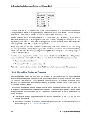 An Introduction to Computer Networks, Release 2.0.9
P1
destination next_hop
200.0.0.0/8 P0
202.0.0.0/8 P2
201.0.0.0/16 D
201.1.0.0/16 E
200.2.16.0/20 C
This does work, but all C’s inbound traffic except for that originating in P1 will now be routed through
C’s ex-provider P0, which as an ex-provider may not be on the best of terms with C. Also, the routing is
inefficient: C’s traffic from P2 is routed P2ÑP0ÑP1 instead of the more direct P2ÑP1.
A better solution is for all providers other than P1 to add the route x200.2.16.0/20, P1y. While traffic to
200.0.0.0/8 otherwise goes to P0, this particular sub-block is instead routed by each provider to P1. The
important case here is P2, as a stand-in for all other providers and their routers: P2 routes 200.0.0.0/8 traffic
to P0 except for the block 200.2.16.0/20, which goes to P1.
Having every other provider in the world need to add an entry for C has the potential to cost some money,
and, one way or another, C will be the one to pay. But at least there is a choice: C can consent to renumbering
(which is not difficult if they have been diligent in using DHCP and perhaps NAT too), or they can pay to
keep their old address block.
As for the second diagram above, with the various private links (shown as dashed lines), it is likely that the
longest-match rule is not needed for these links to work. A’s “private” link to P1 might only mean that
• A can send outbound traffic via P1
• P1 forwards A’s traffic to A via the private link
P2, in other words, is still free to route to A via P0. P1 may not advertise its route to A to anyone else.
14.4.3 Hierarchical Routing via Providers
With provider-based routing, the route taken may no longer be end-to-end optimal; we have replaced the
problem of finding an optimal route from A to B with the two problems of finding an optimal route from A
to B’s provider P, and then from P’s entry point to B. This strategy mirrors the two-stage hierarchical routing
process of first routing on the address bits that identify the provider, and then routing on the address bits
including the subscriber portion.
This two-stage strategy may not yield the same result as finding the globally optimal route. The result will
be the same if B’s customers can only be reached through P’s single entry-point router RP, which models
the situation that P and its customers look like a single site. However, either or both of the following can
disrupt this model:
• There may be multiple entry-point routers into provider P’s network, eg RP1, RP2 and RP3, with
different costs from A.
• P’s customer B may have an alternative connection to the outside world via a different provider, as in
the second diagram in 14.4 Provider-Based Routing.
324 14 Large-Scale IP Routing
 