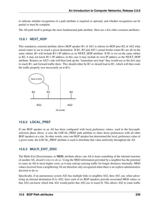 An Introduction to Computer Networks, Release 2.0.9
to indicate whether recognition of a path attribute is required or optional, and whether recognition can be
partial or must be complete.
The AS-path itself is perhaps the most fundamental path attribute. Here are a few other common attributes:
15.6.1 NEXT_HOP
This mandatory external attribute allows BGP speaker B1 of AS1 to inform its BGP peer B2 of AS2 what
actual router to use to reach a given destination. If B1, B2 and AS1’s actual border router R1 are all on the
same subnet, B1 will include R1’s IP address as its NEXT_HOP attribute. If B1 is not on the same subnet
as B2, it may not know R1’s IP address; in this case it may include its own IP address as the NEXT_HOP
attribute. Routers on AS2’s side will then look up the “immediate next hop” they would use as the first step
to reach B1, and forward traffic there. This should either be R1 or should lead to R1, which will then route
the traffic properly (not necessarily on to B1).
B1 R1 B2
Rest of AS1
AS1 AS2
AS border
15.6.2 LOCAL_PREF
If one BGP speaker in an AS has been configured with local_preference values, used in the best-path-
selection phase above, it uses the LOCAL_PREF path attribute to share those preferences with all other
BGP speakers at a site. In other words, once one BGP speaker has determined the local_preference value of
a given route, the LOCAL_PREF attribute is used to distribute that value uniformly throughout the AS.
15.6.3 MULTI_EXIT_DISC
The Multi-Exit Discriminator, or MED, attribute allows one AS to learn something of the internal structure
of another AS, should it elect to do so. Using the MED information provided by a neighbor has the potential
to cause an AS to incur higher costs, as it may end up carrying traffic for longer distances internally; MED
values received from a neighboring AS are therefore only recognized when there is an explicit administrative
decision to do so.
Specifically, if an autonomous system AS1 has multiple links to neighbor AS2, then AS1 can, when adver-
tising an internal destination D to AS2, have each of its BGP speakers provide associated MED values so
that AS2 can know which link AS1 would prefer that AS2 use to reach D. This allows AS2 to route traffic
15.6 BGP Path attributes 339
 