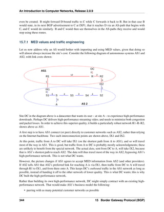 An Introduction to Computer Networks, Release 2.0.9
even be created. B might forward D-bound traffic to C while C forwards it back to B. But in that case B
would state, in its next BGP advertisement to C at IXP1, that it reaches D via an AS-path that begins with
C, and C would do similarly. B and C would then see themselves in the AS-paths they receive and would
stop using these routes.
15.7.1 MED values and traffic engineering
Let us now address why an AS would bother with importing and using MED values, given that doing so
will almost always increase the site’s cost. Consider the following diagram of autonomous systems AS1 and
AS2, with link costs shown:
R1 R2
S1 S2
R1 R
S
A
DC
1
1
2
12
3 3
AS 2
AS1
IX1
IX2
0
0
0
0
S3 S4
4
4
Site DC in the diagram above is a datacenter that wants its user – at site A – to experience high-performance
downloads. Perhaps DC delivers high-performance streaming video, and needs to minimize both congestion
and packet losses. In order to achieve this superior quality, it builds a particularly robust network R1–R–R2,
shown above as AS1.
A first step is to have AS1 connect (or peer) directly to customer networks such as AS2, rather than relying
on the Internet backbone. Two such interconnection points are shown above, IX1 and IX2.
At this point, traffic from A to DC will take IX1 (on the shortest path from A to AS1), and so will travel
most of the way in AS1. This is good, but traffic from A to DC is probably mostly acknowledgments; these
are unlikely to benefit from the special network. The actual data, sent from DC to A, will take IX2, because
that is AS1’s shortest path to reach AS2. The data will thus travel most of the way in AS2, bypassing AS1’s
high-performance network. This is not what DC wants.
However, the picture changes if AS1 agrees to accept MED information from AS2 (and other providers).
If AS2 tells AS1 that AS2’s preferred link for reaching A is via IX1, then traffic from DC to A will travel
through R1 to IX1, and from there onto A. This keeps DC’s outbound traffic in the AS1 network as long as
possible, instead of handing it off to the other network of lower quality. This is what DC wants; this is why
DC built the high-performance network.
Rather than building its own high-performance network, DC might simply contract with an existing high-
performance network. That would make AS1’s business model the following:
• peering with as many potential customer networks as possible
344 15 Border Gateway Protocol (BGP)
 