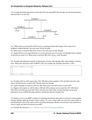 An Introduction to Computer Networks, Release 2.0.9
1.0. Consider the following network of providers P-S, all using BGP. The providers are the horizontal lines;
each provider is its own AS.
Provider P
Provider S
Provider R
Provider Q
net NR
net NS
net NQ
(a).♢ What routes to network NS will P receive, assuming each provider exports all its routes to its
neighbors without filtering? For each route, list the AS-path.
(b). What routes to network NQ will P receive? For each route, list the AS-path.
(c). Suppose R now uses export filtering so as not to advertise any of its routes to P, though it does continue
to advertise its routes to S. What routes to network NR will P receive, with AS-paths?
2.0. Consider the following network of Autonomous Systems AS1 through AS6, which double as destina-
tions. When AS1 advertises itself via BGP to AS2, for example, the AS-path it provides is xAS1y.
AS1 AS2 AS3
:
:
:
AS4 AS5 AS6
(a). If neither AS3 nor AS6 exports their AS3–AS6 link to their neighbors AS2 and AS5 to the left, what
routes will AS2 receive to reach AS5? Specify routes by AS-path.
(b). Again assuming no export by AS3 nor AS6, what routes will AS5 receive to reach AS3?
(c). Suppose AS3 exports to AS2 its link to AS6, but AS6 continues not to export the AS3–AS6 link to
AS5. How will AS5 now reach AS3? How will AS2 now reach AS6? Assume that there are no local
preferences in use in BGP best-path selection, and that the shortest AS-path wins.
3.0. Suppose we try to use BGP’s strategy of exchanging destinations plus paths as an interior routing-update
strategy, perhaps replacing distance-vector routing. No costs or hop-counts are used, but routers attach to
each destination a list of the routers used to reach that destination. Routers can also have route preferences,
such as “prefer my link to B whenever possible”.
(a). Consider the network of 13.2 Distance-Vector Slow-Convergence Problem:
356 15 Border Gateway Protocol (BGP)
 