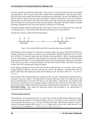 An Introduction to Computer Networks, Release 2.0.9
the router consults its internal forwarding table. This consists of a list of networks each with an associated
next_hop address. These xnet,next_hopy tables compare with switched-Ethernet’s xhost,next_hopy tables;
the former type will be smaller because there are many fewer nets than hosts. The next_hop addresses in the
table are chosen so that the router can always reach them via direct LAN delivery via one of its interfaces;
generally they are other routers. The router looks up Dnet in the table, finds the next_hop address, and uses
direct LAN delivery to get the packet to that next_hop machine. The packet’s IP header remains essentially
unchanged, although the router most likely attaches an entirely new LAN header.
The packet continues being forwarded like this, from router to router, until it finally arrives at a router that
is connected to Dnet; it is then delivered by that final router directly to D, using the LAN.
To make this concrete, consider the following diagram:
R1 R2 R3
A B C F E D: 200.0.1.37
200.0.0/24 200.0.1/24
Fig. 6:: Two LANs (200.0.0 and 200.0.1) joined by three routers R1,R2,R3
With Ethernet-style forwarding, R2 would have to maintain entries for each of A,B,C,D,E,F. With IP for-
warding, R2 has just two entries to maintain in its forwarding table: 200.0.0/24 and 200.0.1/24. If A sends
to D, at 200.0.1.37, it puts this address into the IP header, notes that 200.0.0 ‰ 200.0.1, and thus concludes
D is not a local delivery. A therefore sends the packet to its router R1, using LAN delivery. R1 looks up the
destination network 200.0.1 in its forwarding table and forwards the packet to R2, which in turn forwards it
to R3. R3 now sees that it is connected directly to the destination network 200.0.1, and delivers the packet
via the LAN to D, by looking up D’s physical address.
In this diagram, IP addresses for the ends of the R1–R2 and R2–R3 links are not shown. They could be
assigned global IP addresses, but they could also use “private” IP addresses. Assuming these links are
point-to-point links, they might not actually need IP addresses at all; we return to this in 9.8 Unnumbered
Interfaces.
One can think of the network-prefix bits as analogous to the “zip code” on postal mail, and the host bits as
analogous to the street address. The internal parts of the post office get a letter to the right zip code, and
then an individual letter carrier (the LAN) gets it to the right address. Alternatively, one can think of the
network bits as like the area code of a phone number, and the host bits as like the rest of the digits. Newer
protocols that support different net/host division points at different places in the network – sometimes called
hierarchical routing – allow support for addressing schemes that correspond to, say, zip/street/user, or
areacode/exchange/subscriber.
The Invertebrate Internet
The backbone is not as essential as it once was. Once Upon A Time, all traffic between different providers
passed through the backbone. The legacy backbone still exists, but today it is also common for traffic
from large providers such as Google to take a backbone-free path; such providers connect (or “peer”)
directly with large residential ISPs such as Comcast. Google refers to this as their “Edge Network”; see
peering.google.com and also 15.7.1 MED values and traffic engineering.
28 1 An Overview of Networks
 