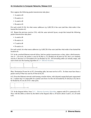 An Introduction to Computer Networks, Release 2.0.9
Now suppose the following packet transmissions take place:
• A sends to D
• D sends to A
• A sends to B
• B sends to D
For each switch S1-S4, list what source addresses (eg A,B,C,D) it has seen (and thus what nodes it has
learned the location of).
4.0. Repeat the previous exercise (3.0), with the same network layout, except that instead the following
packet transmissions take place:
• A sends to B
• B sends to A
• C sends to B
• D sends to A
For each switch, list what source addresses (eg A,B,C,D) it has seen (and thus what nodes it has learned the
location of).
5.0. In the switched-Ethernet network below, find two packet transmissions so that, when a third transmis-
sion AÝÑD occurs, the packet is seen by B (that is, it is flooded out all ports by S2), but is not similarly
seen by C (because it is forwarded to D, not flooded, by S3). All forwarding tables are initially empty, and
each switch uses the learning algorithm of 2.4 Ethernet Switches.
B C
A S1 S2 S3 D
Hint: Destination D must be in S3’s forwarding table, but must not be in S2’s. So there must have been a
packet sent by D that was seen by S3 but not by S2.
6.0. Given the Ethernet network with learning switches below, with (disjoint) unspecified parts represented
by ?, explain why it is impossible for a packet sent from A to B to be forwarded by S1 directly to S2, but to
be flooded by S2 out all of S2’s other ports.
? ?
| |
A S1 S2 B
7.0. In the diagram below, from 2.4.1 Ethernet Learning Algorithm, suppose node D is connected to S5.
Now, with the tables as shown by the labels in the diagram (that is, S5 knows about A and C, etc), D sends
to B.
66 2 Ethernet Basics
 