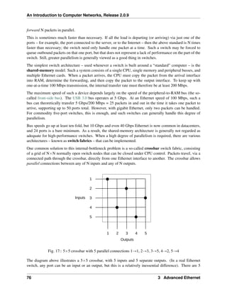 An Introduction to Computer Networks, Release 2.0.9
forward N packets in parallel.
This is sometimes much faster than necessary. If all the load is departing (or arriving) via just one of the
ports – for example, the port connected to the server, or to the Internet – then the above standard is N times
faster than necessary; the switch need only handle one packet at a time. Such a switch may be forced to
queue outbound packets on that one port, but that does not represent a lack of performance on the part of the
switch. Still, greater parallelism is generally viewed as a good thing in switches.
The simplest switch architecture – used whenever a switch is built around a “standard” computer – is the
shared-memory model. Such a system consists of a single CPU, single memory and peripheral busses, and
multiple Ethernet cards. When a packet arrives, the CPU must copy the packet from the arrival interface
into RAM, determine the forwarding, and then copy the packet to the output interface. To keep up with
one-at-a-time 100 Mbps transmission, the internal transfer rate must therefore be at least 200 Mbps.
The maximum speed of such a device depends largely on the speed of the peripheral-to-RAM bus (the so-
called front-side bus). The USB 3.0 bus operates at 5 Gbps. At an Ethernet speed of 100 Mbps, such a
bus can theoretically transfer 5 Gbps/200 Mbps = 25 packets in and out in the time it takes one packet to
arrive, supporting up to 50 ports total. However, with gigabit Ethernet, only two packets can be handled.
For commodity five-port switches, this is enough, and such switches can generally handle this degree of
parallelism.
Bus speeds go up at least ten-fold, but 10 Gbps and even 40 Gbps Ethernet is now common in datacenters,
and 24 ports is a bare minimum. As a result, the shared-memory architecture is generally not regarded as
adequate for high-performance switches. When a high degree of parallelism is required, there are various
architectures – known as switch fabrics – that can be implemented.
One common solution to this internal-bottleneck problem is a so-called crossbar switch fabric, consisting
of a grid of NˆN normally open switch nodes that can be closed under CPU control. Packets travel, via a
connected path through the crossbar, directly from one Ethernet interface to another. The crossbar allows
parallel connections between any of N inputs and any of N outputs.
1
2
3
4
5
Inputs
1 2 3 4 5
Outputs
Fig. 17:: 5ˆ5 crossbar with 5 parallel connections 1Ñ1, 2Ñ3, 3Ñ5, 4Ñ2, 5Ñ4
The diagram above illustrates a 5ˆ5 crossbar, with 5 inputs and 5 separate outputs. (In a real Ethernet
switch, any port can be an input or an output, but this is a relatively inessential difference). There are 5
76 3 Advanced Ethernet
 