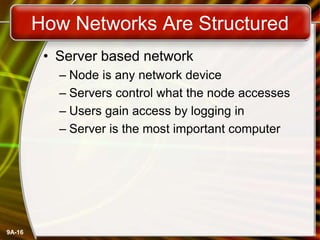 9A-16
How Networks Are Structured
• Server based network
– Node is any network device
– Servers control what the node accesses
– Users gain access by logging in
– Server is the most important computer
 