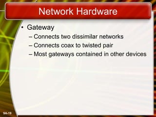 9A-19
Network Hardware
• Gateway
– Connects two dissimilar networks
– Connects coax to twisted pair
– Most gateways contained in other devices
 